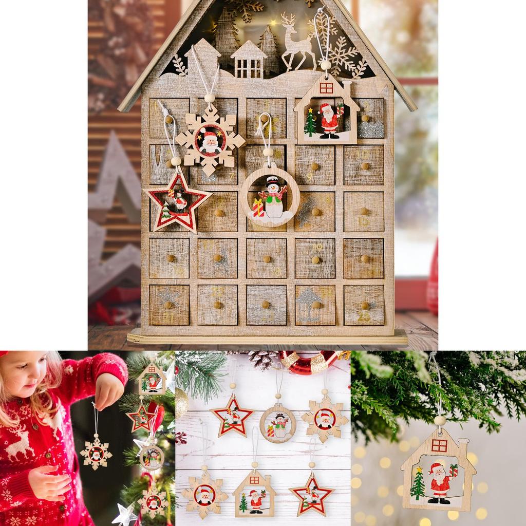 Festive Christmas Wooden Ornaments Set Of Twelve Including Santa And Snowflakes
