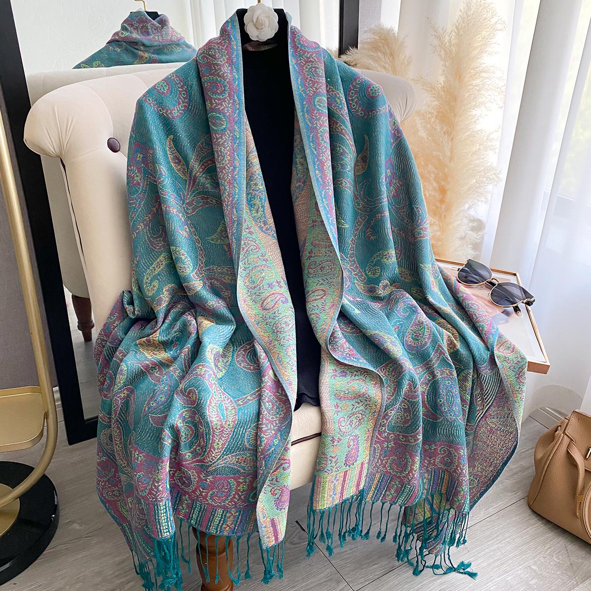 

Fashion Women S Faux Cashmere Winter Shawl Vintage Print Tassels Thick Warm Pashmina Two-Sided Outdoor Scarf Wraps Foulard