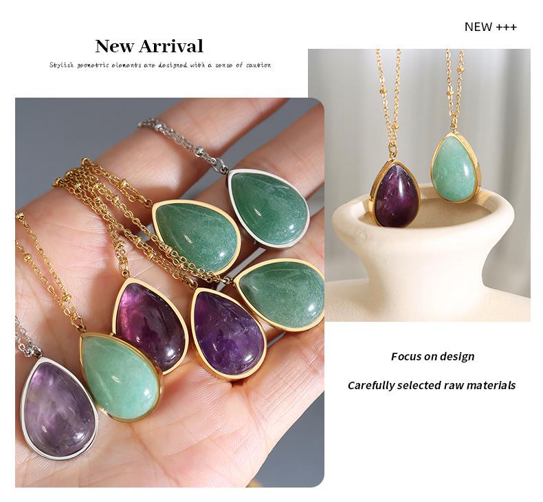 Korean Style Teardrop Oval Pendant Necklace, Natural Raw Stone, Clavicle Chain, Gold-Plated Titanium Steel