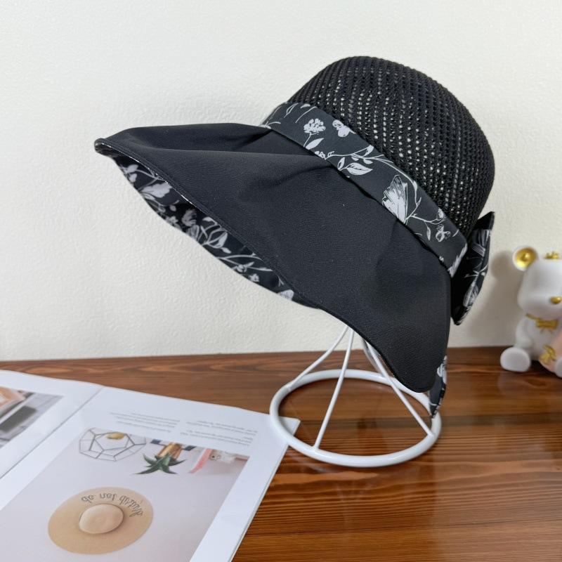 Women's Printed Bow Fisherman Hat with Large Brim Summer UV Resistant Folding Sun Hat