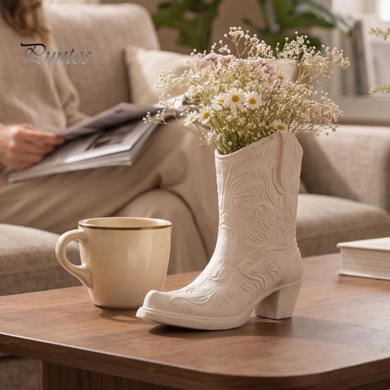 Rustic Desktop Ornament Western Cowboy Boot Vase, White Matte Relief Decorative Flower Pot, Vintage Art Piece PETG for Dried Flowers Home Decor