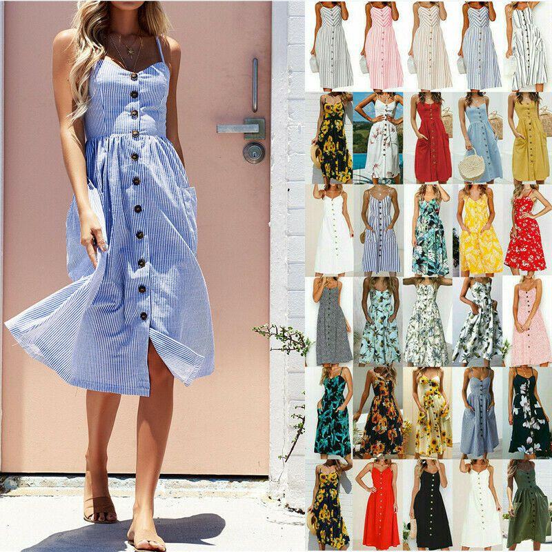 Stylish Boho Women's Summer Beach Midi Dress With Strappy Design And Button Pockets
