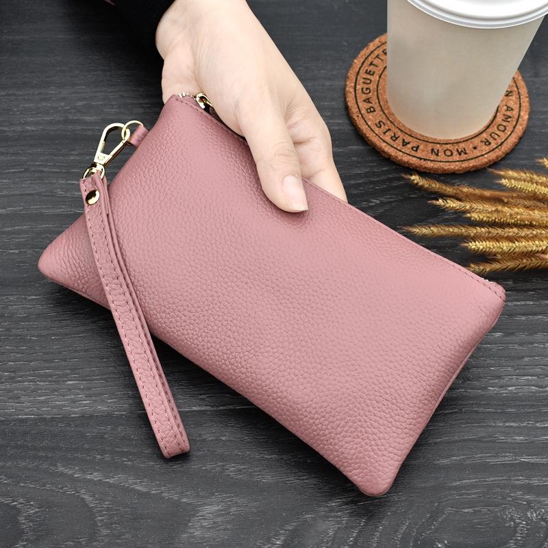 Simple Style High Capacity Womens Genuine Leather Phone Holder Long Purse Zipper Clutches HandBag with Wrist Strap