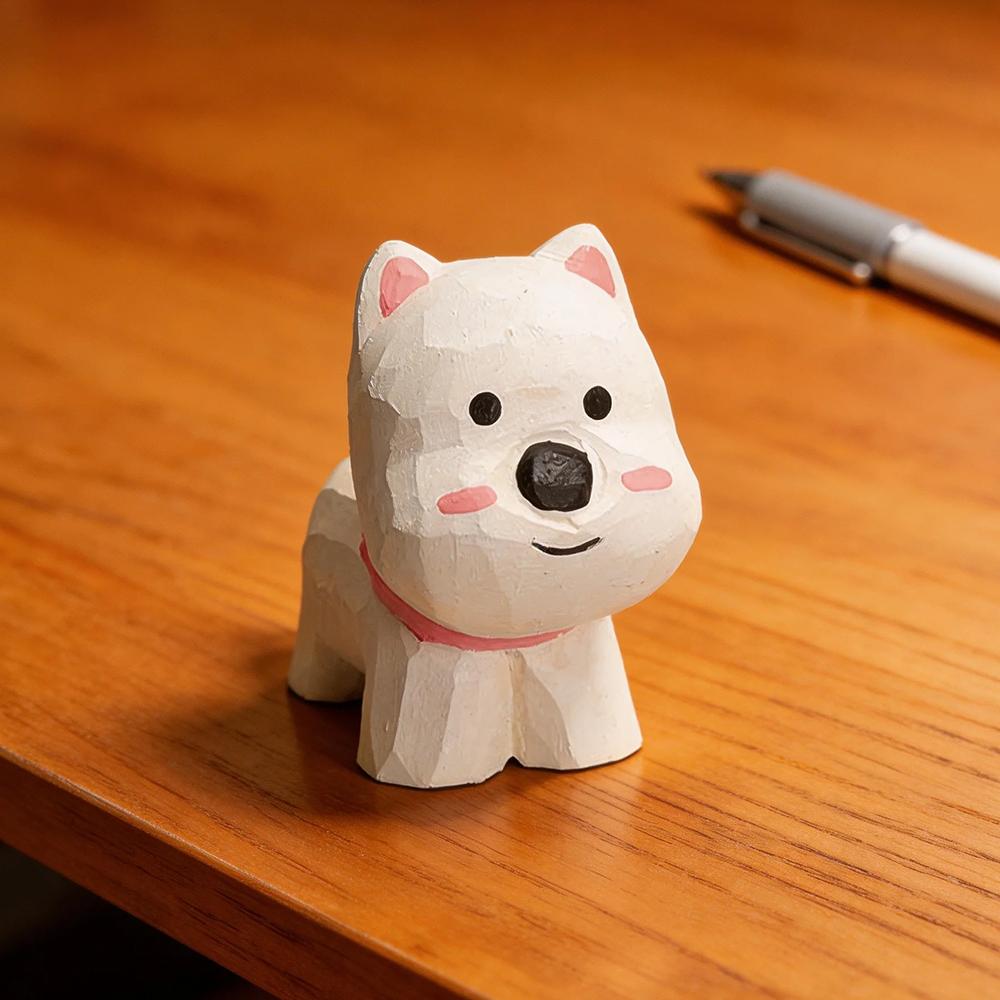 Cute Hand Carved Decorative Wooden Dog Figurines Hand-Painted Puppy Statue Ornament for Home Desk Decor Gift for Dog Lovers