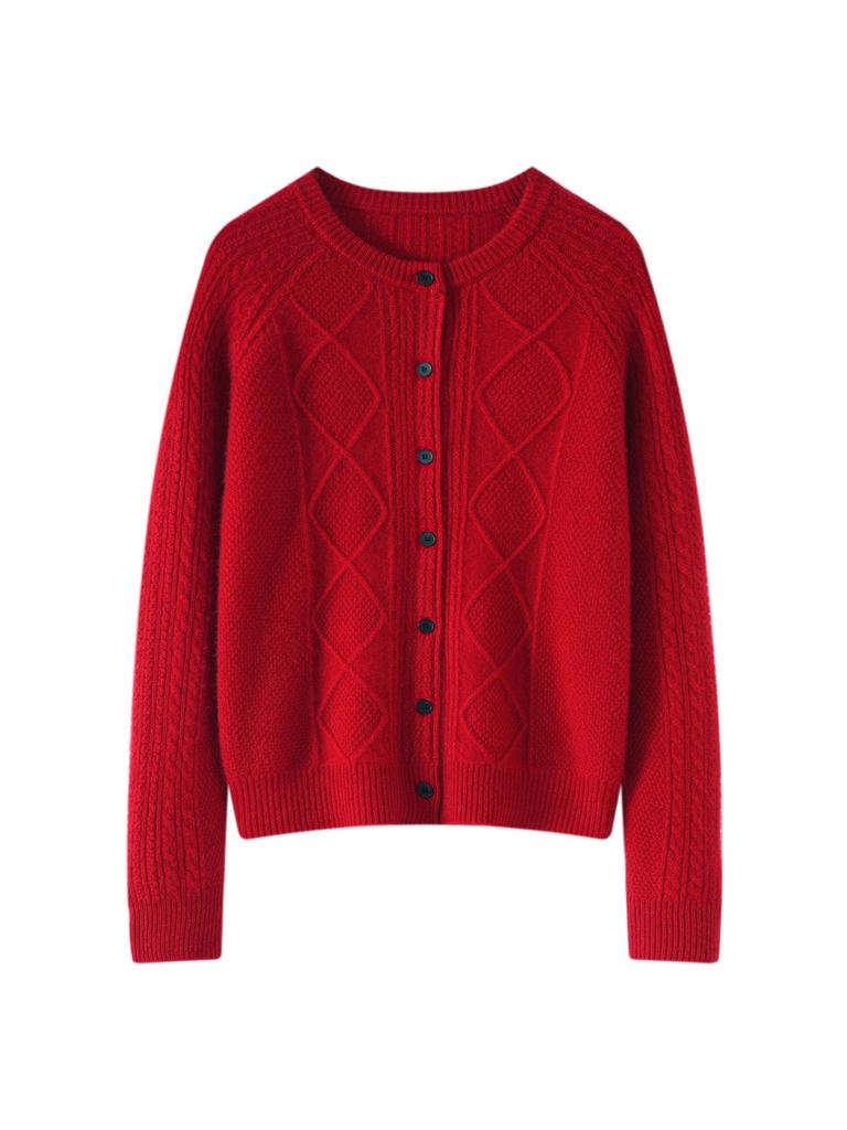 2026 Autumn/Winter Cashmere Round Neck Loose Knit Cardigan with Long Sleeves & Diamond Cable Design