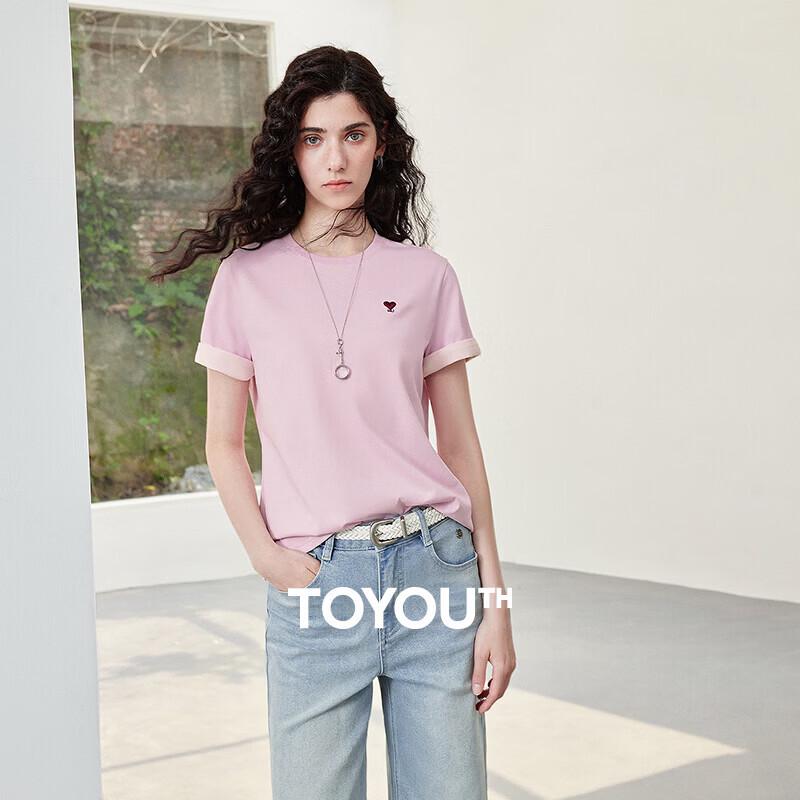 Chuyu 2026 Summer Color-block Love Heart Embroidered Round Neck Slimming T-shirt L