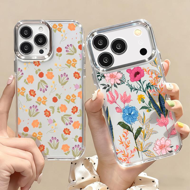 White Flower Pattern Case For iPhone 17 Pro Max iPhone 16 15 14 13 Pro Max 11 17e 16e Plating Lens Frame Clear Soft Silicone Back Cover