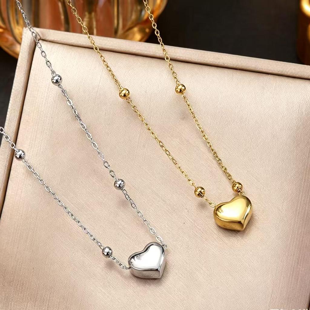 Korean Luxury Titanium Heart Pendant Necklace for Women - Stylish Round Bead Chain Clavicle Design