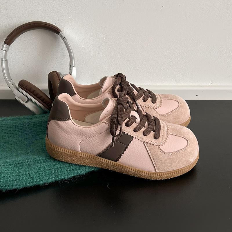 Cute big head German training shoes women's spring and summer new cute retro round head little white shoes flat leather casual board shoes