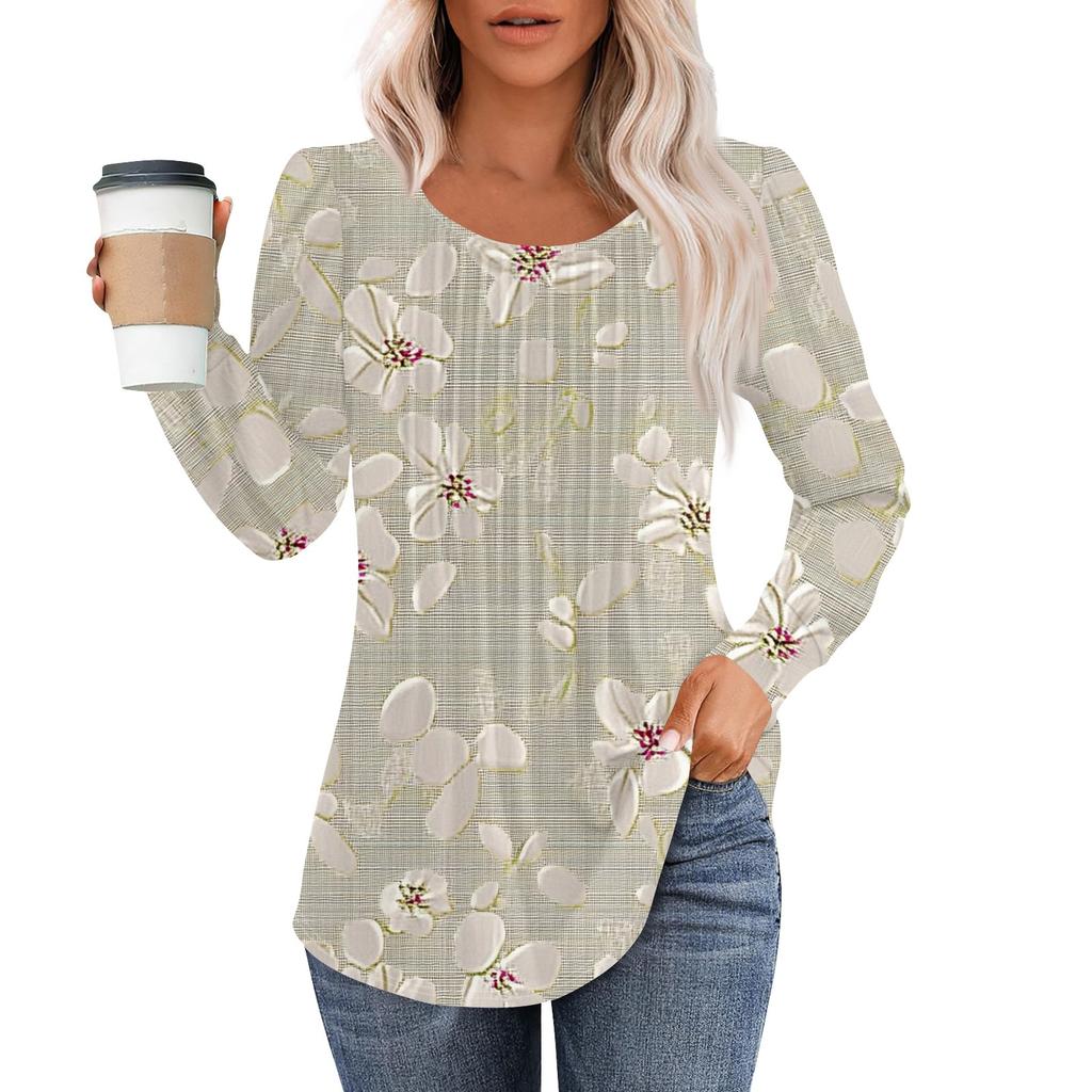 Damenmode Lässig Plissiert Rundhals Vintage Blumendruck Langarm T-Shirt Top