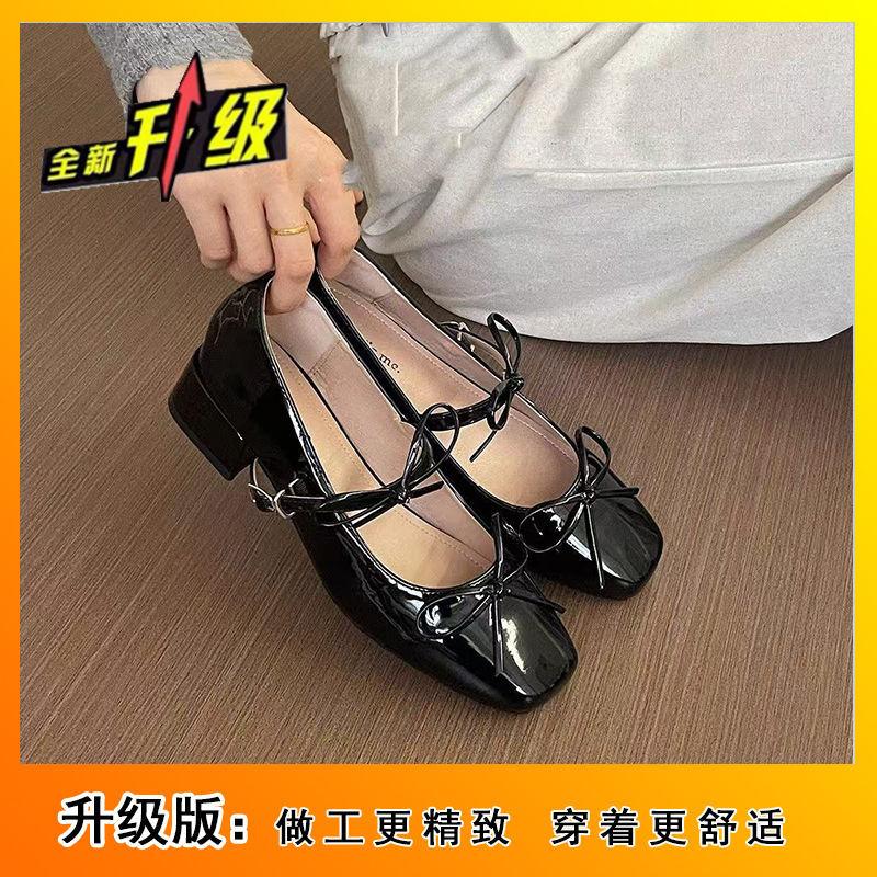 Bow French explosion Mary Jane single shoes women's square head fairy temperament silver small leather shoes 2025 spring new models