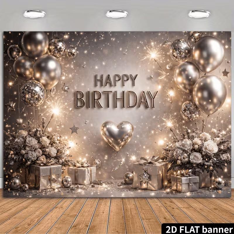 2D Happy Birthday Silber Glitzer Ballon Hintergrund Banner Party Foto Hintergrund