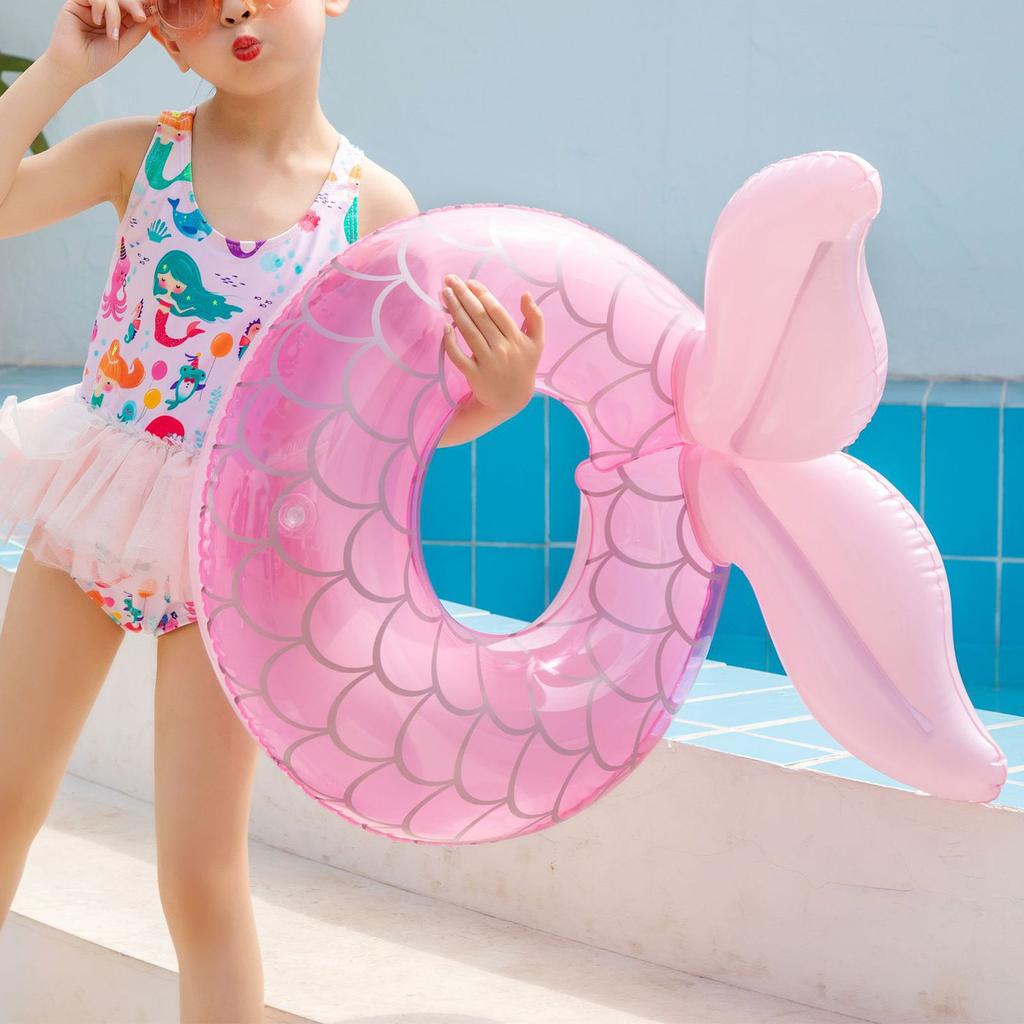 Inflatable Float Swim Rings PVC Thickened Pink Fish Tail Shape Pool Float Tube Ring for 3 to 8 Years Old