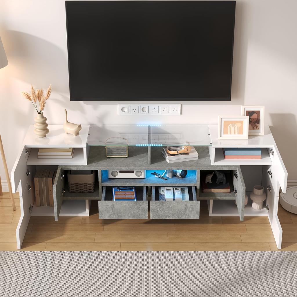 TV Cabinet, High-gloss Lowboard with Multi-colored LED Lighting, 6 Doors, 2 Drawers