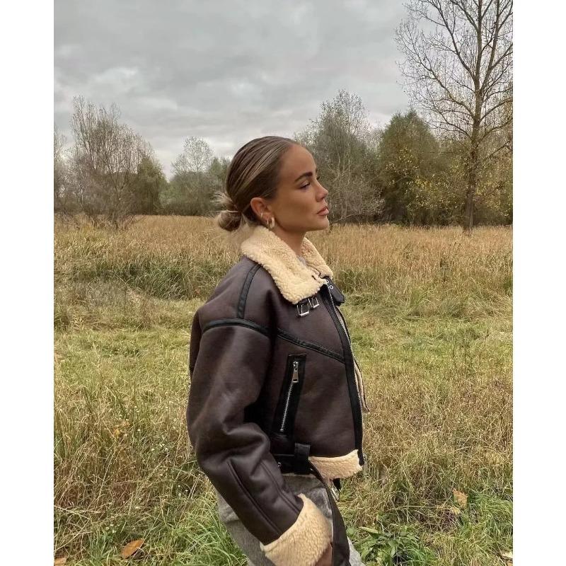 Women's Winter Warm Coat 2024 New Faux Leather Lamb Fleece Thickened Jacket Casual Motorcycle Bike Coat Belt Coat