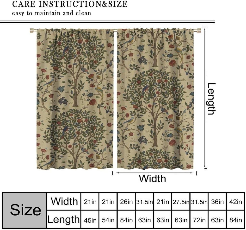 Vintage Zasłony Okienne zaciemniające William Morris Forest   Rustykalne Boho Zasłony Okienne z Ptakami i Roślinami   do Salonu Sypialni 21(W)*45(L