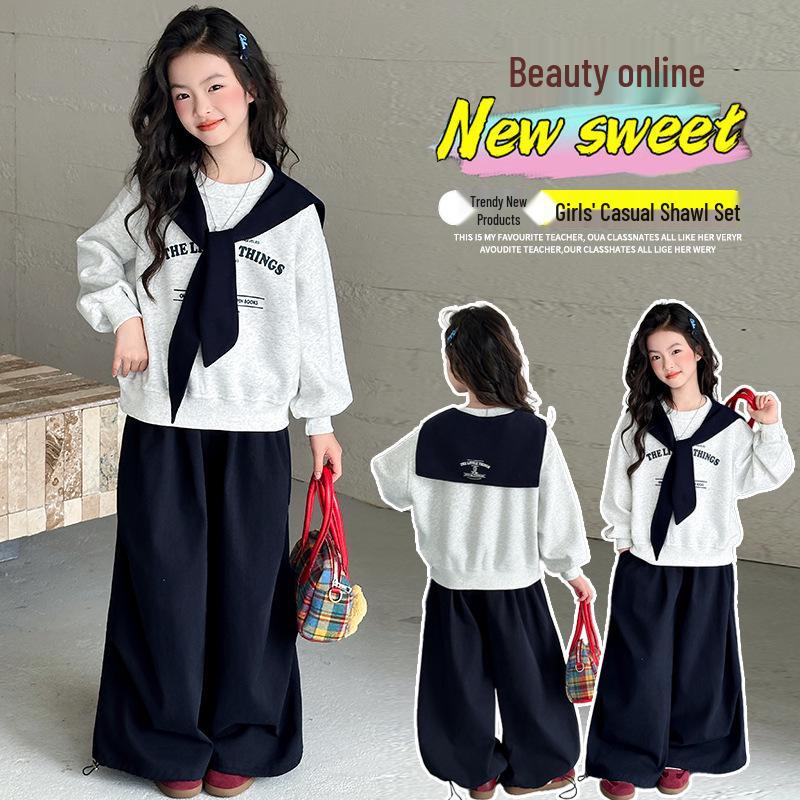 Girls' Spring & Autumn Sailor Collar Sweatshirt and Cargo Pants Set - 2025 Collection