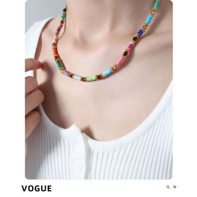 Boho Style Handmade Natural Stone Beaded Necklace Women Geometric Rainbow Pendant Minimalist Fashion Jewelry