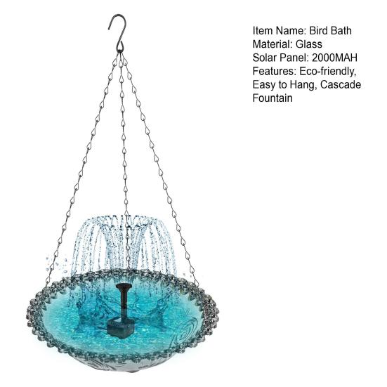 Solar Cascade Fountain Birdbath Solar Powered Fountain Bird Bath Hanging Glass Bowl Birdbath Attracts Wild Birds Hummingbirds for Outdoor Garden Yard