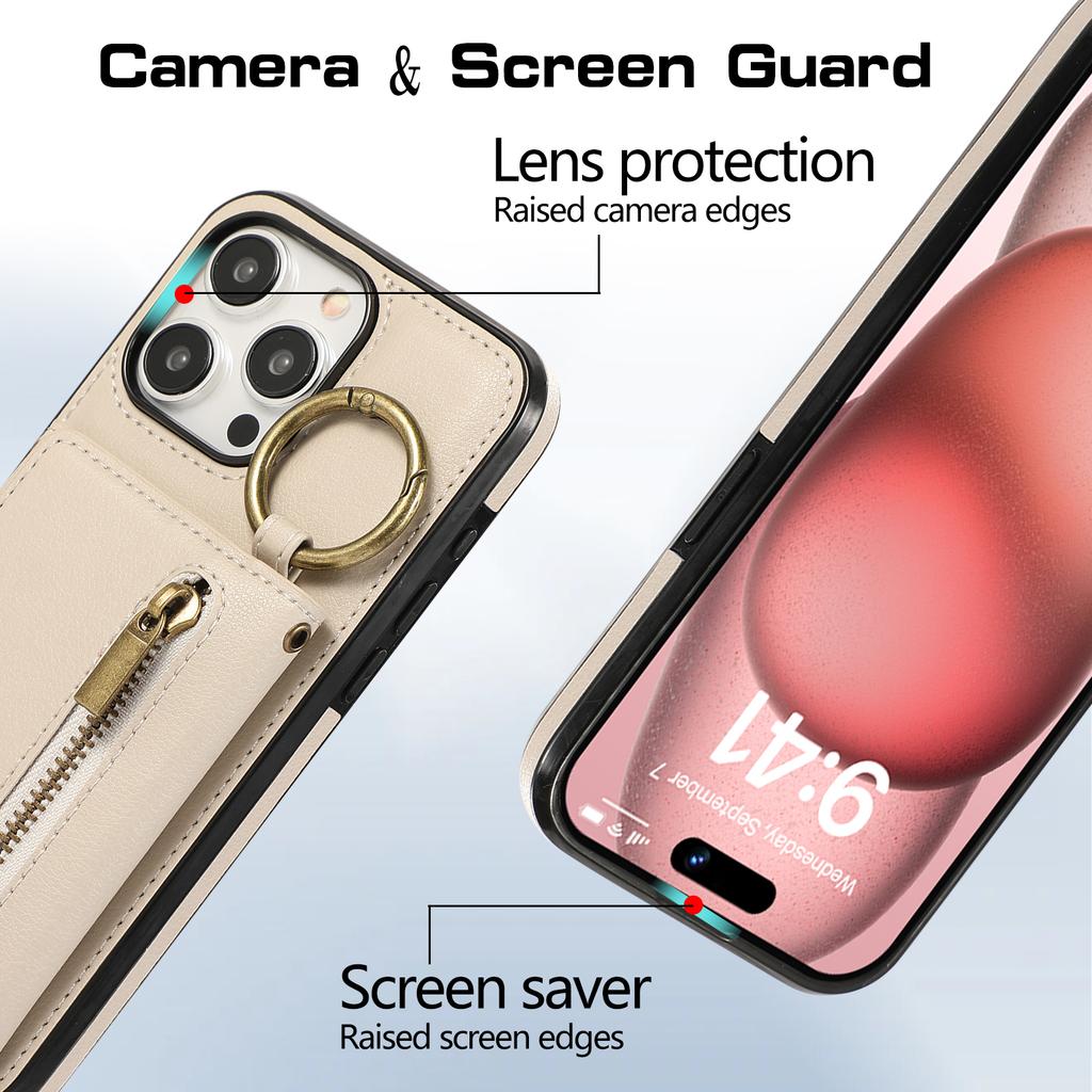 For iPhone 16 Pro Max Leather Back Cover Zipper Wallet Kickstand Phone Case with Shoulder Strap