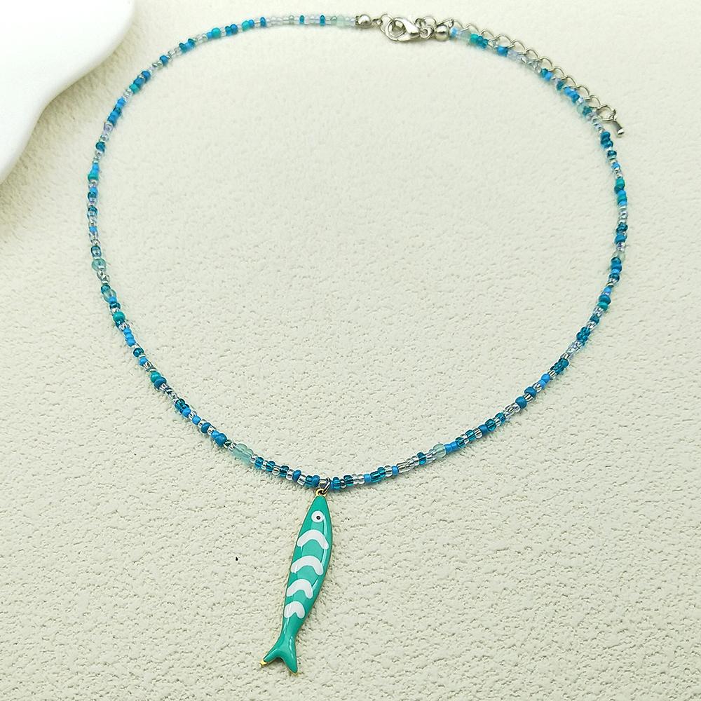 Colorful Fish Pendant Necklace For Women Girl Handmade Woven Beads Dopamine Color Sea Party Summer Fashion Chain Choker Jewelry