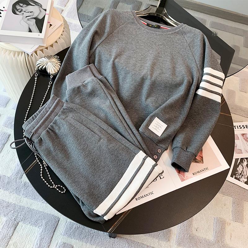 

Женский вафельный брючный и спортивный костюм - Осенний наряд в стиле колледжа XL