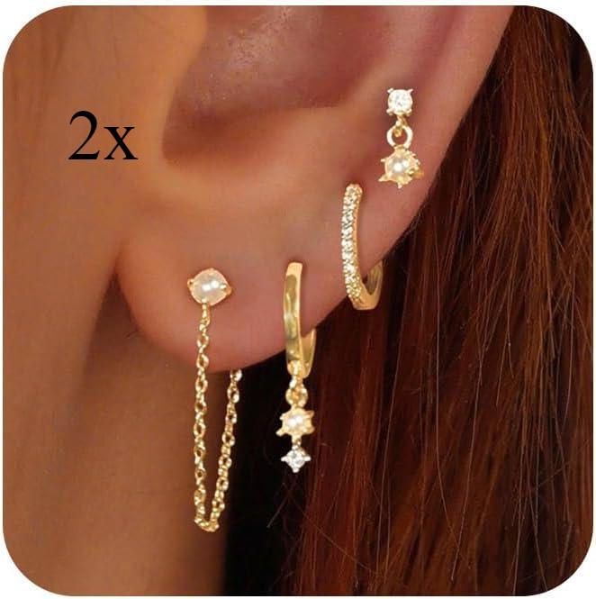 14k Gold Plated Pearl Hoop Earrings for Women Dainty Huggie Stacks, Hypoallergenic Cute Cartilage Studs, Trendy Fashion Zircon