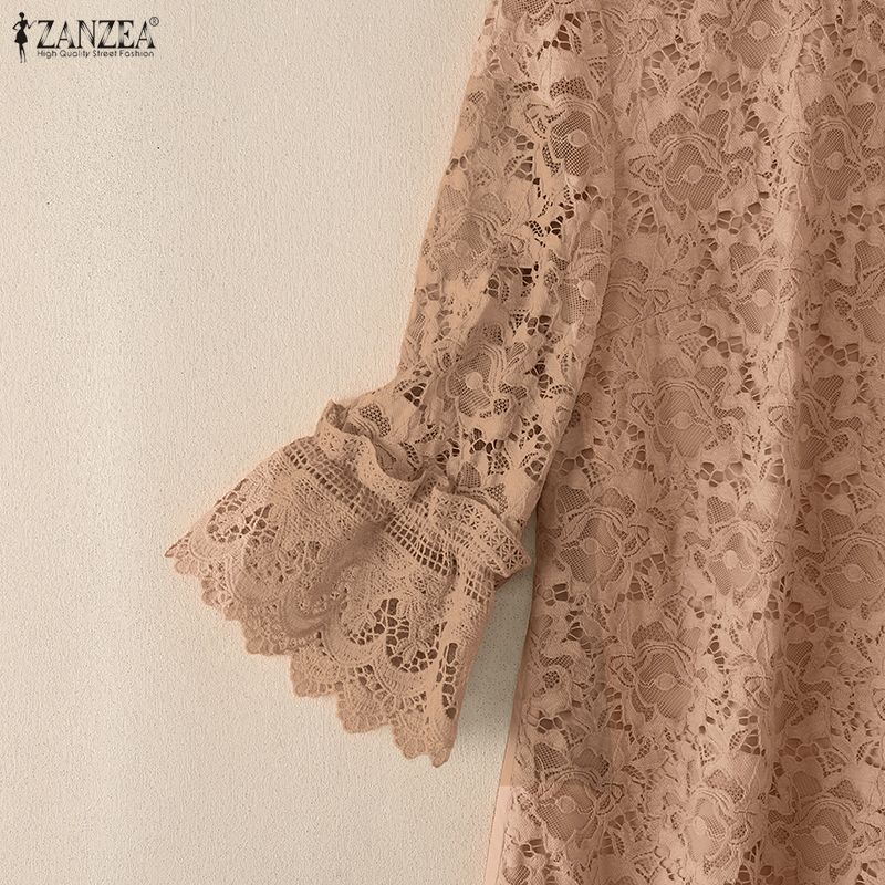 ZANZEA Damen Freizeit Rundhals Locker 3/4 Ärmel Spitze Patchwork Kleid