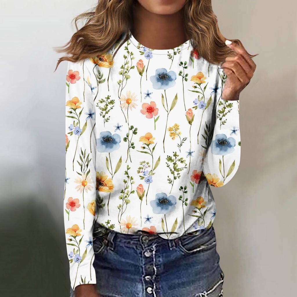 Women's Fashion Casual Long Sleeve Print Round Neck Pullover Top Blouse