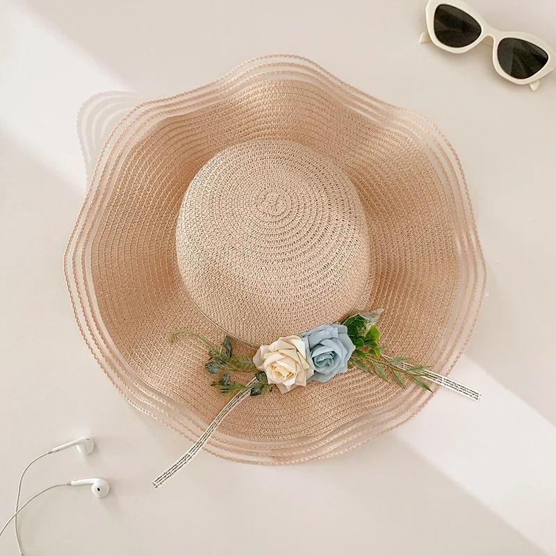 Wave Edge Flower Woven Straw Hat Women's Summer French Seaside Vacation Sun Hat Large Brim Shading Sun Protection Hat