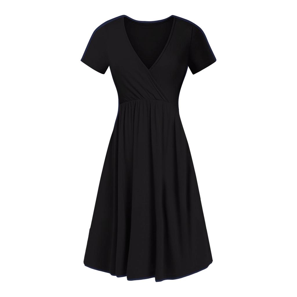 Women's Ladies Summer Casual Loose Color V-Neck Short Sleeve Dress