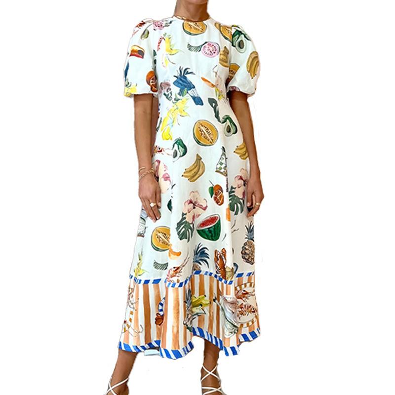 2026 spring new women's clothing, cross-border European and American hot sale, temperament commuting sweet printed crew neck big swing dress
