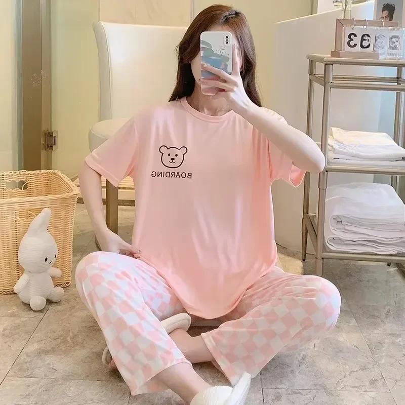 Pyjamas Set for Womenshort Sleeve Long Pants Student Pajamas Cartoon Plus Size Plaid Trousers Loungewear Two-Piece Setpajamas Wo