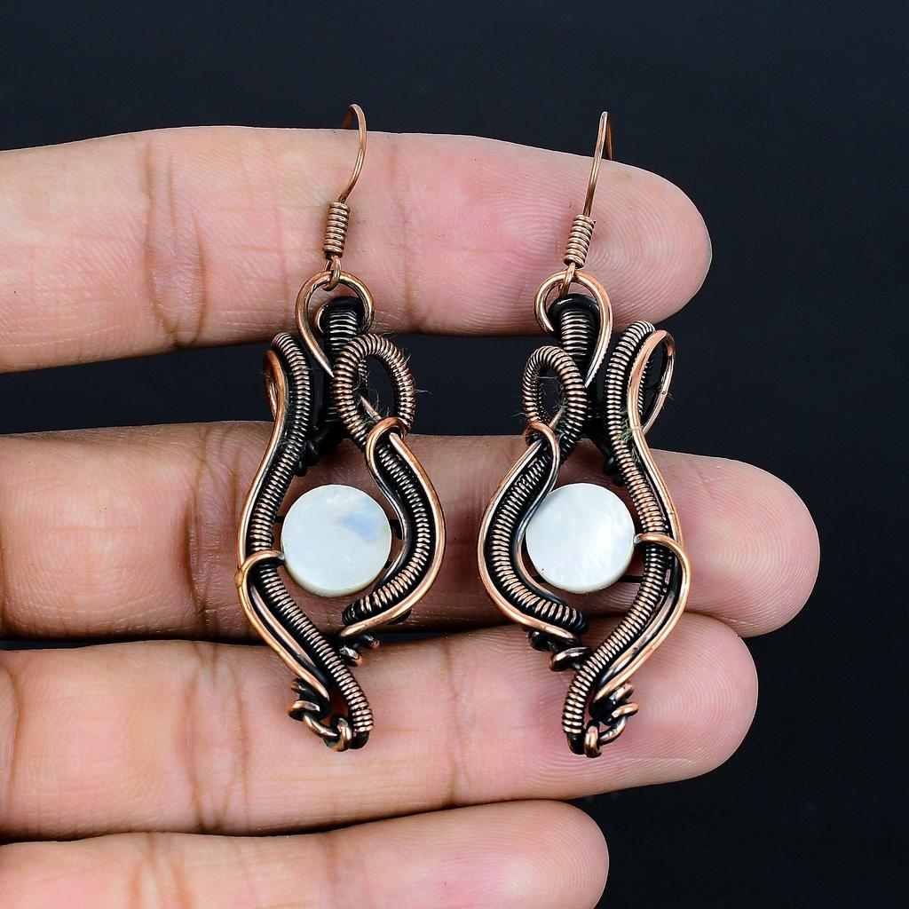Mother Of Pearl Earrings, 999 Copper Wire Wrap Earrings Handmade Gemstone Jewelry, Gifts For Wife Brand New Earrings