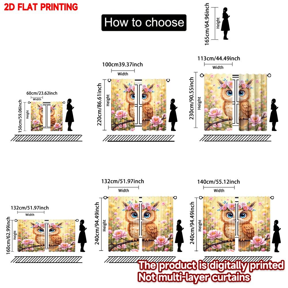 2D flat printing 2pcs Classic Christmas Curtains Spring Owl with Flowers Digital Printed Polyester Drapes Family Party for