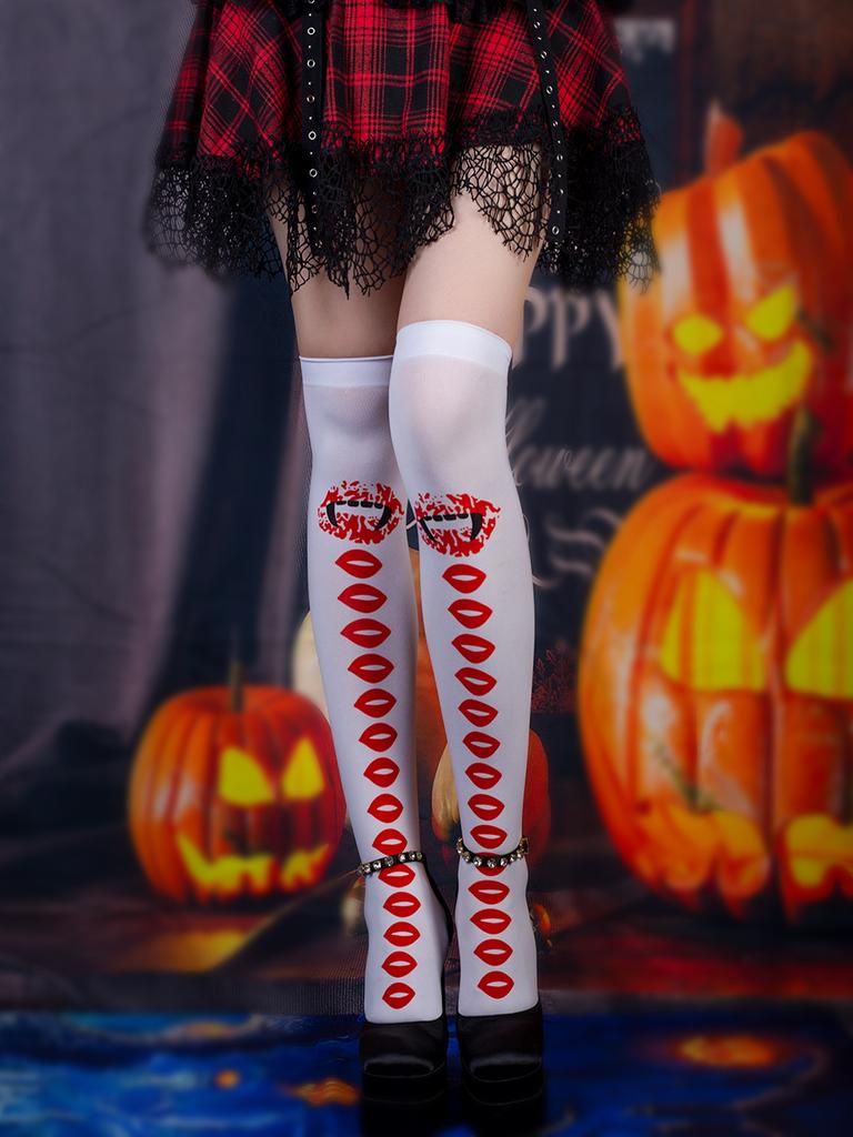 Stockings Over Knee Female Summer Black Stockings Lips Socks Medium Tube Ghost Party Halloween Dark Stockings