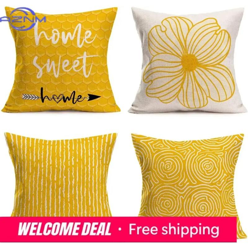 Shunika Chen Unisex Yellow Sweet Home Arrow Pillowcase Flower Petals Striped Linen Family Sofa Pillowcase 45X45 Pillow Case Cushion Cover
