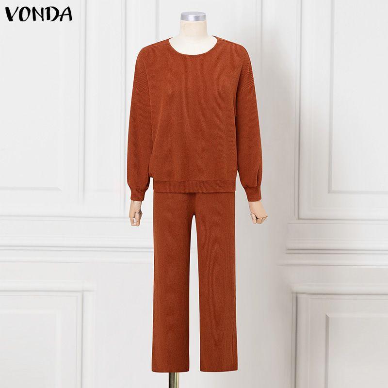 VONDA Spring Autumn Women Outfits Long Sleeve Rib Blouse and Pants Two Piece Knitted Suits