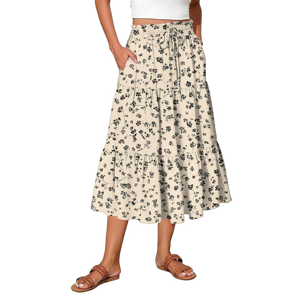 Womens Maxi Skirt Drawstring High Waisted Summer Long Skirts Lightweight Tiered Flowy Floral Pleated Skirts