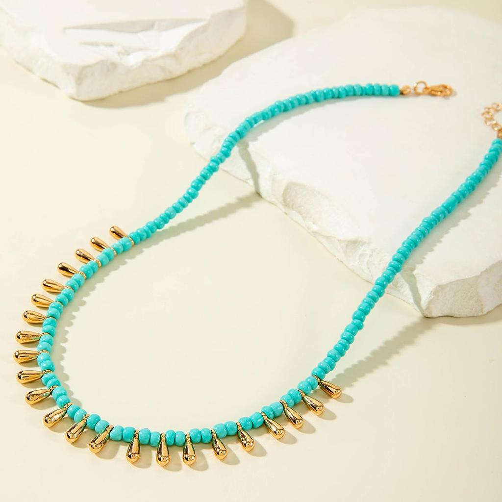 Cross Border Fashion Color Blocking Design, Green Rice Bead Water Droplet Tassel Necklace, Creative Niche Necklace, Beach Vacation Matching