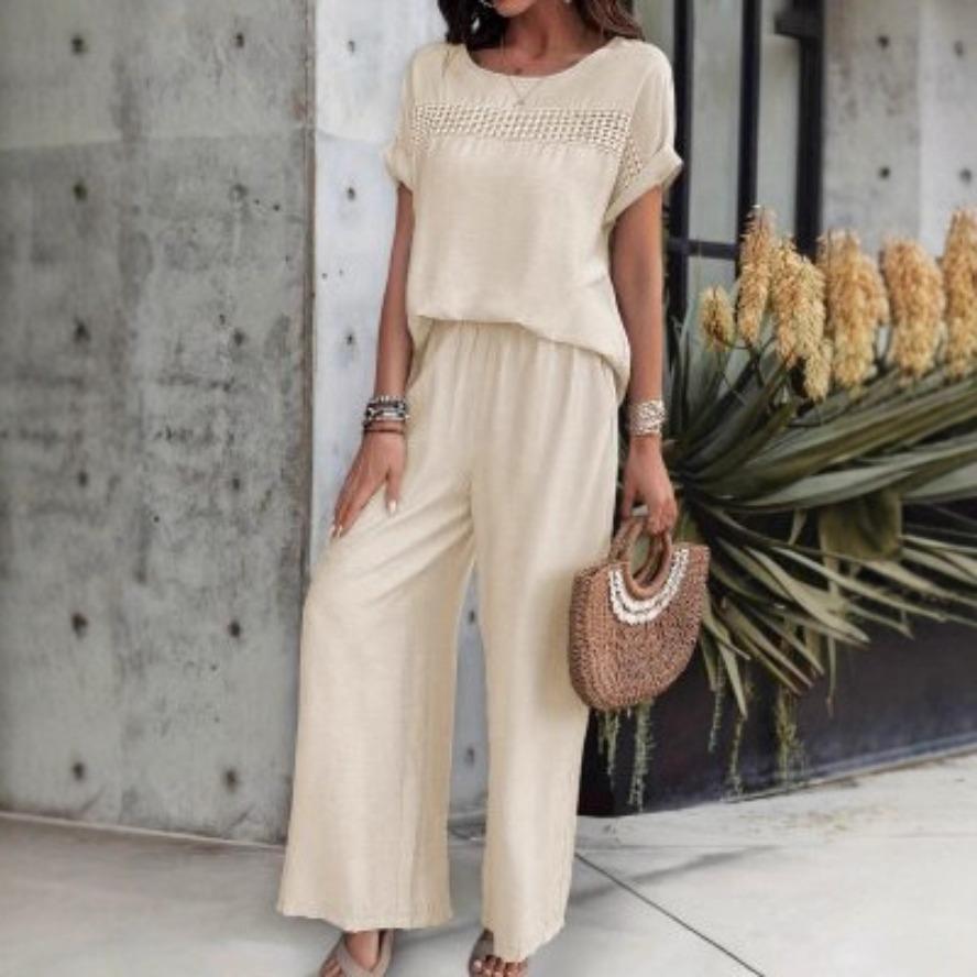 YYFS Women's Fashion Casual Summer Spring Solid Color Print Short Sleeve O-Neck Trousers Pants Suits