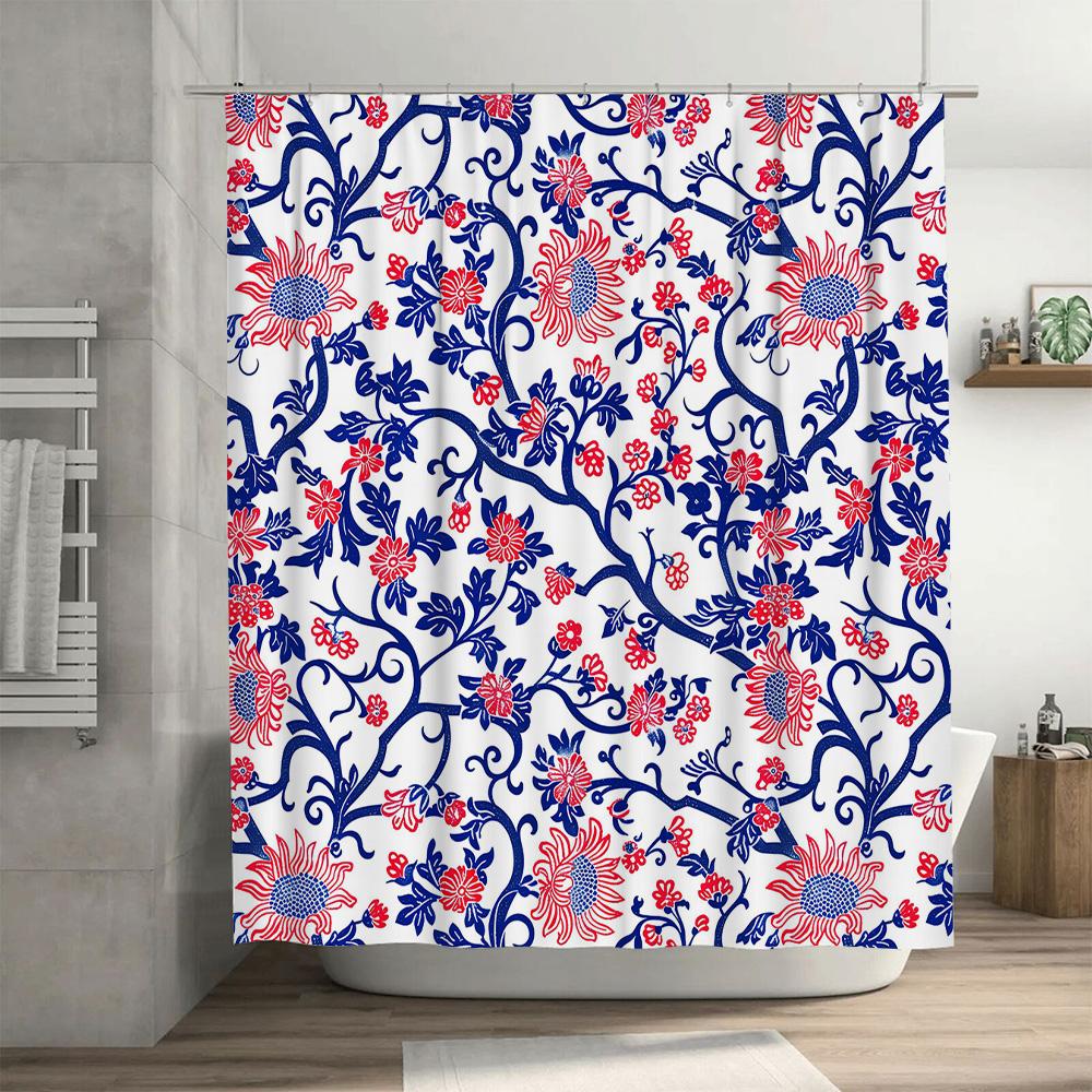 Vintage Blue Red Floral Shower Curtain Fabric for Bathroom Decor Waterproof Bath Mat Set Home Accessories (128 characters)