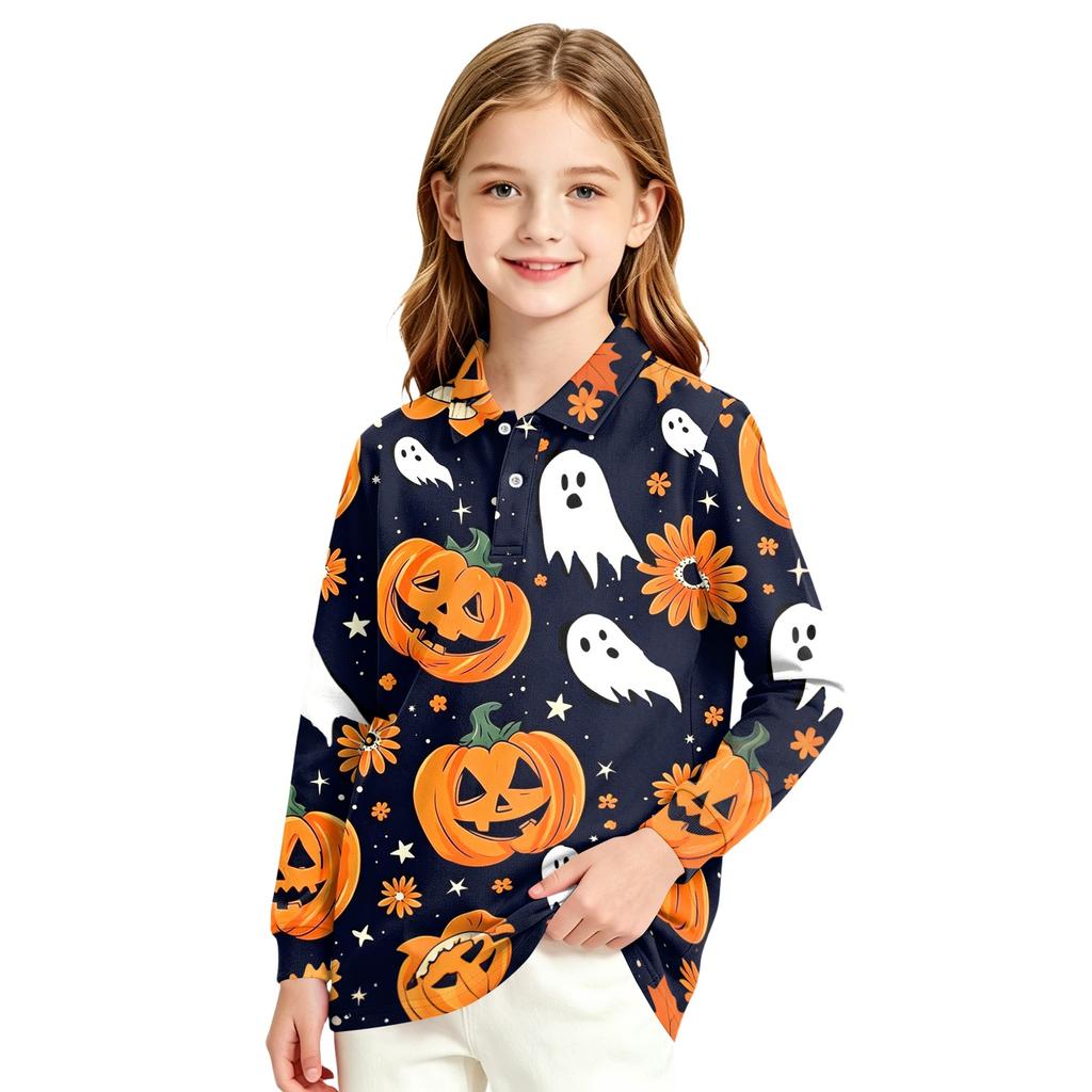 Girls School Uniform Long Sleeve Top with Halloween Print