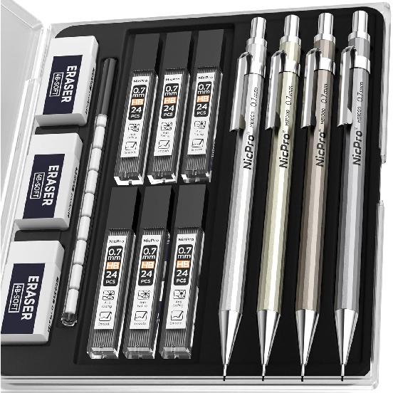 Nicpro 4 Pack Mechanical Pencil 0.7mm with Case, MB1000 Metal Mechanical Pencil Set with 6 Tube HB #2 Lead Refill 0.7 mm, 3PCS 4B Eraser, 9 Cap