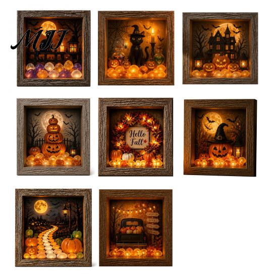 Desktop Mantel Decor Halloween Shadow Box Frame DIY Lighted Craft Kit, Wooden Night Light with Kit for Adults Sea Glass Stones, Gothic LED Memory
