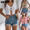GMXIA Summer Lace-up Cutout Short-sleeved Knitted Cardigan for Vacation Crop Protection Women's Wear