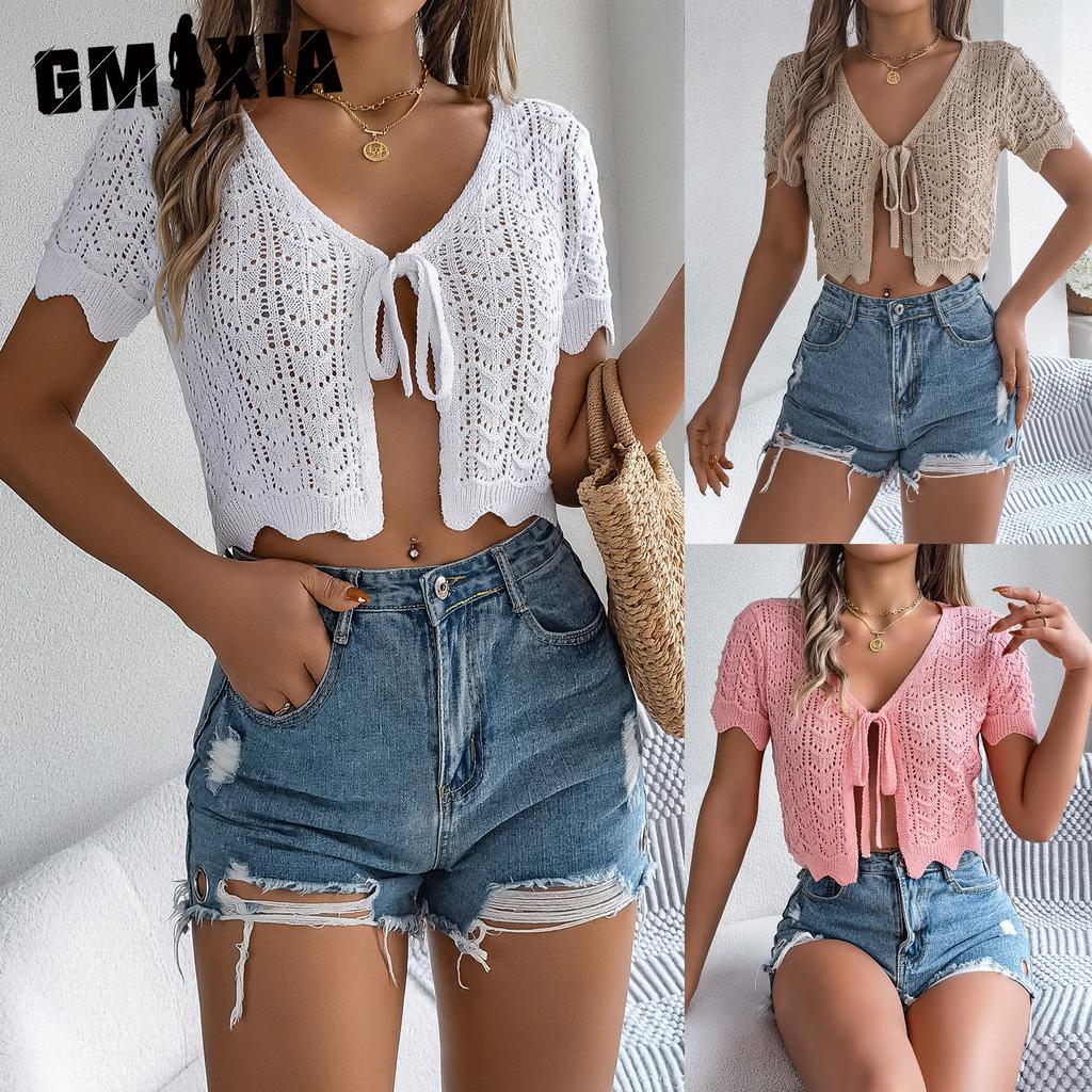 GMXIA Summer Lace-up Cutout Short-sleeved Knitted Cardigan for Vacation Crop Protection Women's Wear