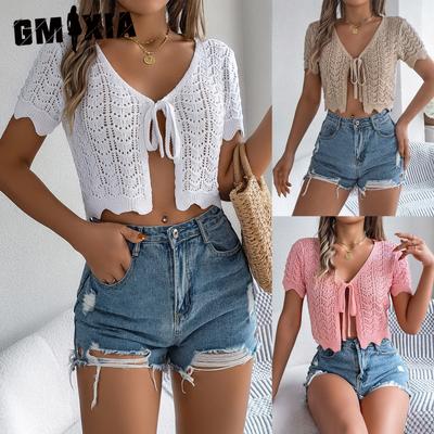 Sommer Schnür-Ausschnitt Kurzarm Strickjacke für Urlaub Sonnenschutz Damenbekleidung