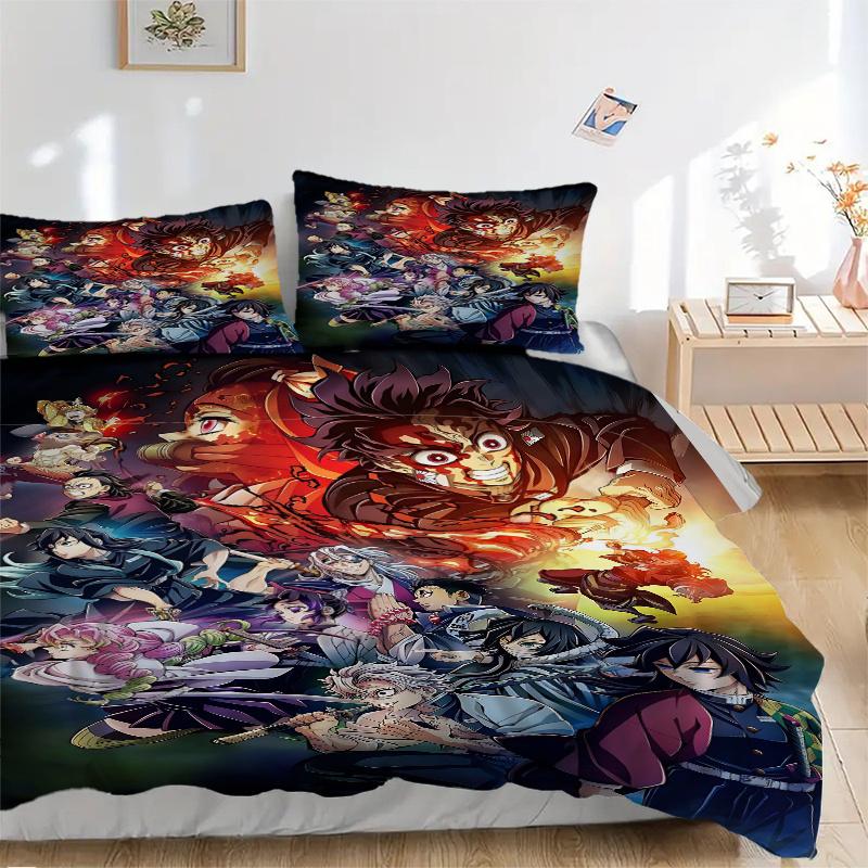 3pcs Cartoon Demon Slayer Quilt Set - Soft and Comfortable Bedroom, Guest Room and Dorm Decor Bedding Set 1 Quilt Cover + 2 Pillowcases.L008