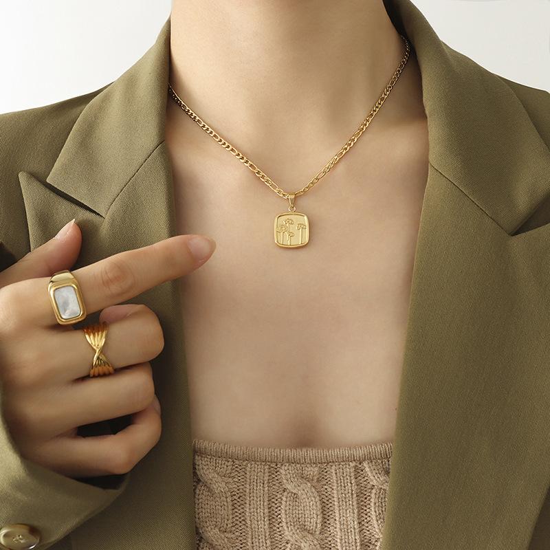 Retro Vtage Dandelion Flower Square Brand Pendant Necklace Titanium Steel Plated 18K Real Gold Sweater Chain Jewelry